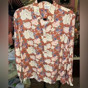 Luis Trenker burnt Orange floral 3/4 button down blouse XS Retail around $200